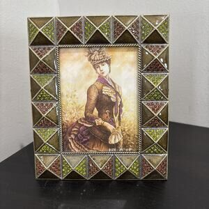 TIZO Swarovski Jeweled Picture Frame 3.5x5” Pyramid Stud 3D Green Orange
